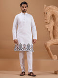 Striking White Embroidered Viscose Silk Wedding Wear Men Kurta Pant With Jacket
