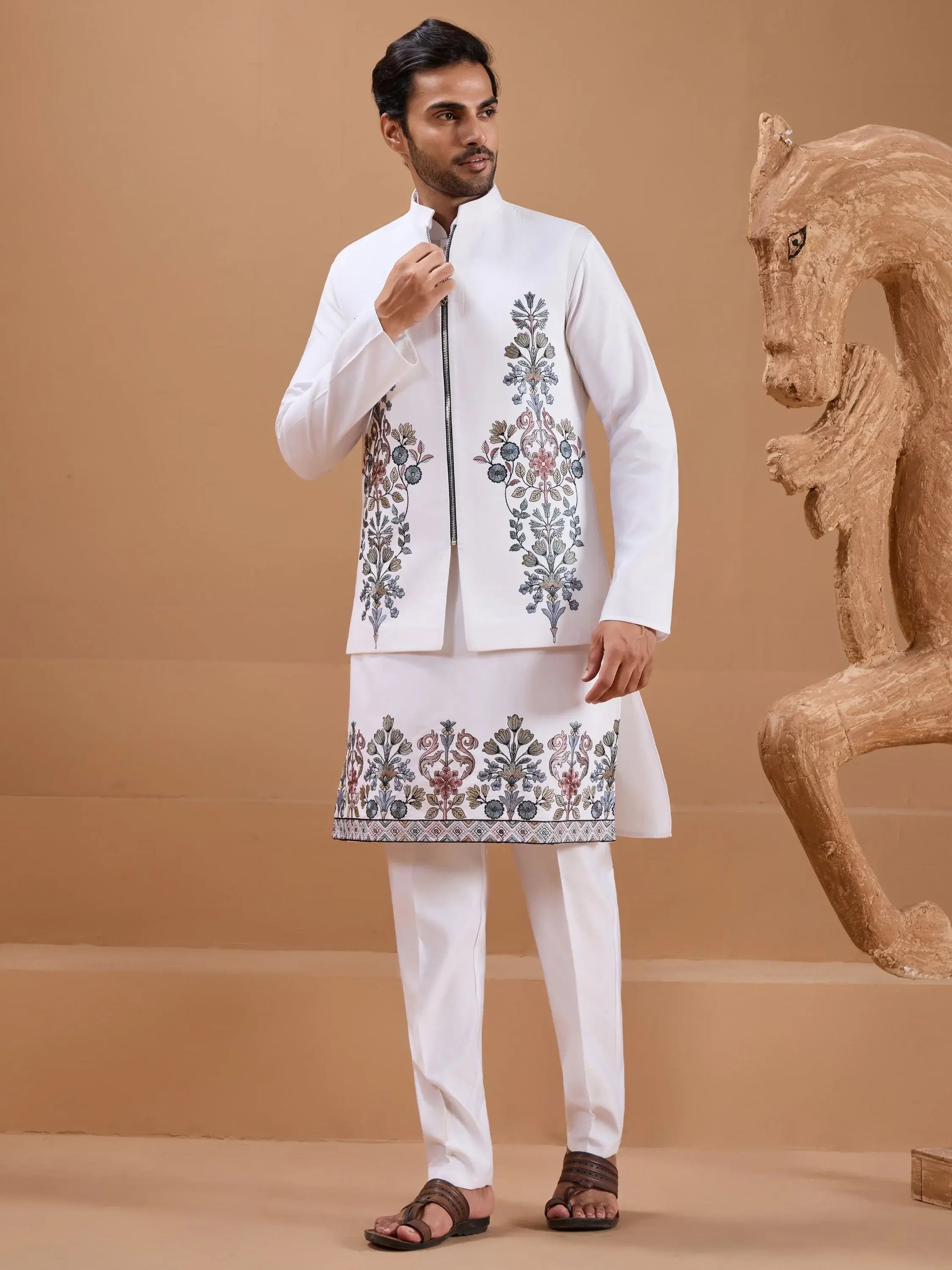 Striking White Embroidered Viscose Silk Wedding Wear Men Kurta Pant With Jacket