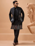 Regal Black Floral Embroidery Viscose Silk Sangeet Wear Men Kurta Pant With Jacket