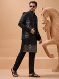 Regal Black Floral Embroidery Viscose Silk Sangeet Wear Men Kurta Pant With Jacket