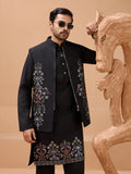 Regal Black Floral Embroidery Viscose Silk Sangeet Wear Men Kurta Pant With Jacket