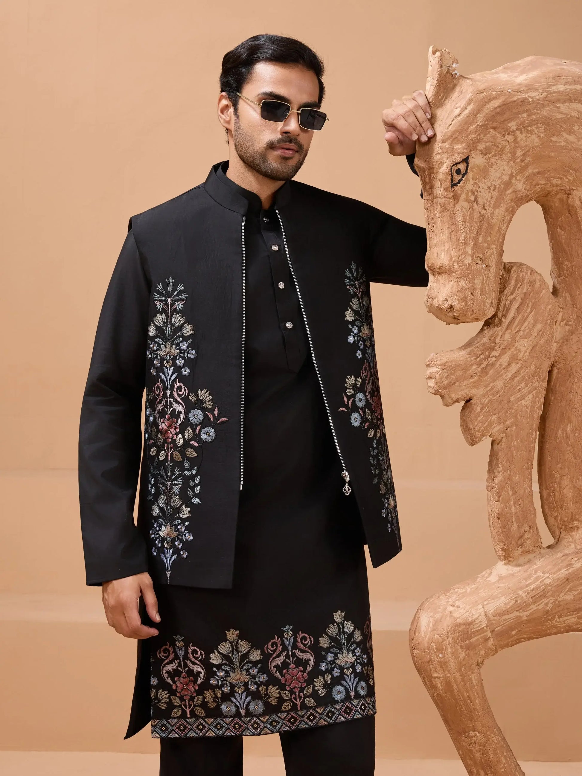 Regal Black Floral Embroidery Viscose Silk Sangeet Wear Men Kurta Pant With Jacket