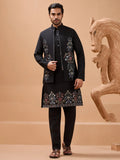 Regal Black Floral Embroidery Viscose Silk Sangeet Wear Men Kurta Pant With Jacket