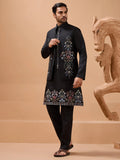 Regal Black Floral Embroidery Viscose Silk Sangeet Wear Men Kurta Pant With Jacket