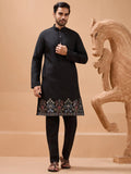 Regal Black Floral Embroidery Viscose Silk Sangeet Wear Men Kurta Pant With Jacket