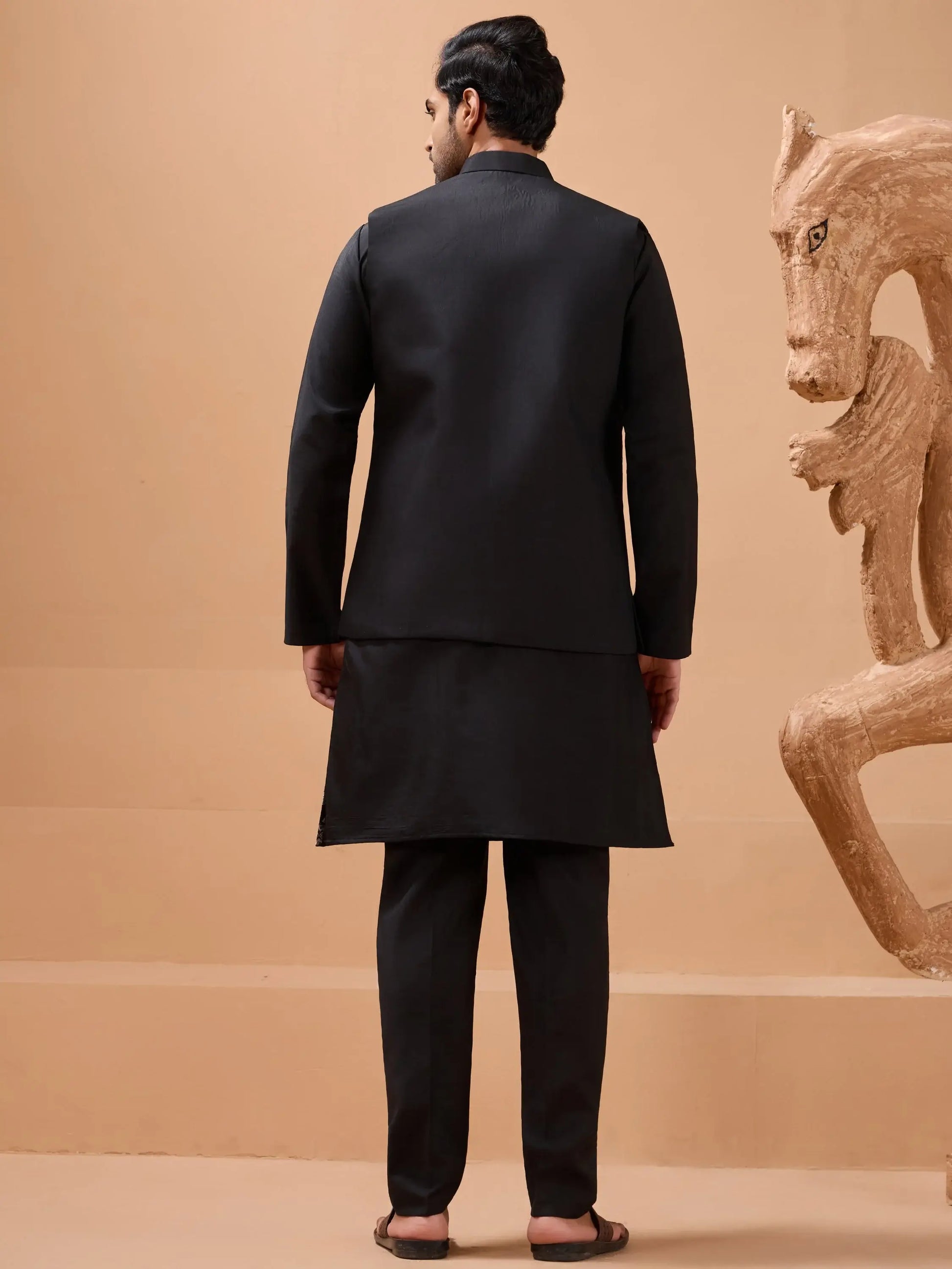 Regal Black Floral Embroidery Viscose Silk Sangeet Wear Men Kurta Pant With Jacket