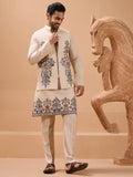 Wonderful Beige Thread Embroidery Viscose Silk Men Kurta Pant With Jacket