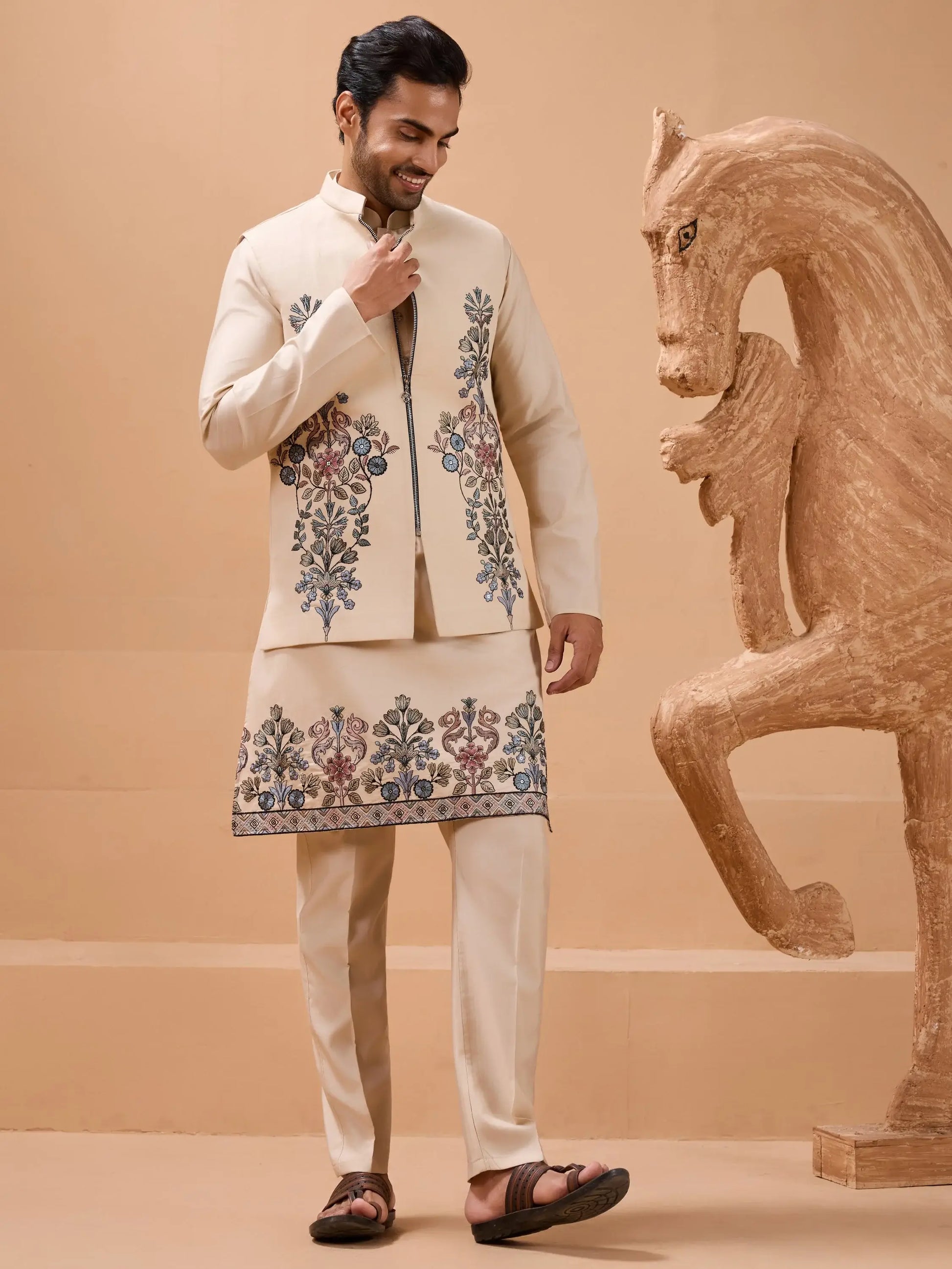 Wonderful Beige Thread Embroidery Viscose Silk Men Kurta Pant With Jacket