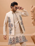 Wonderful Beige Thread Embroidery Viscose Silk Men Kurta Pant With Jacket