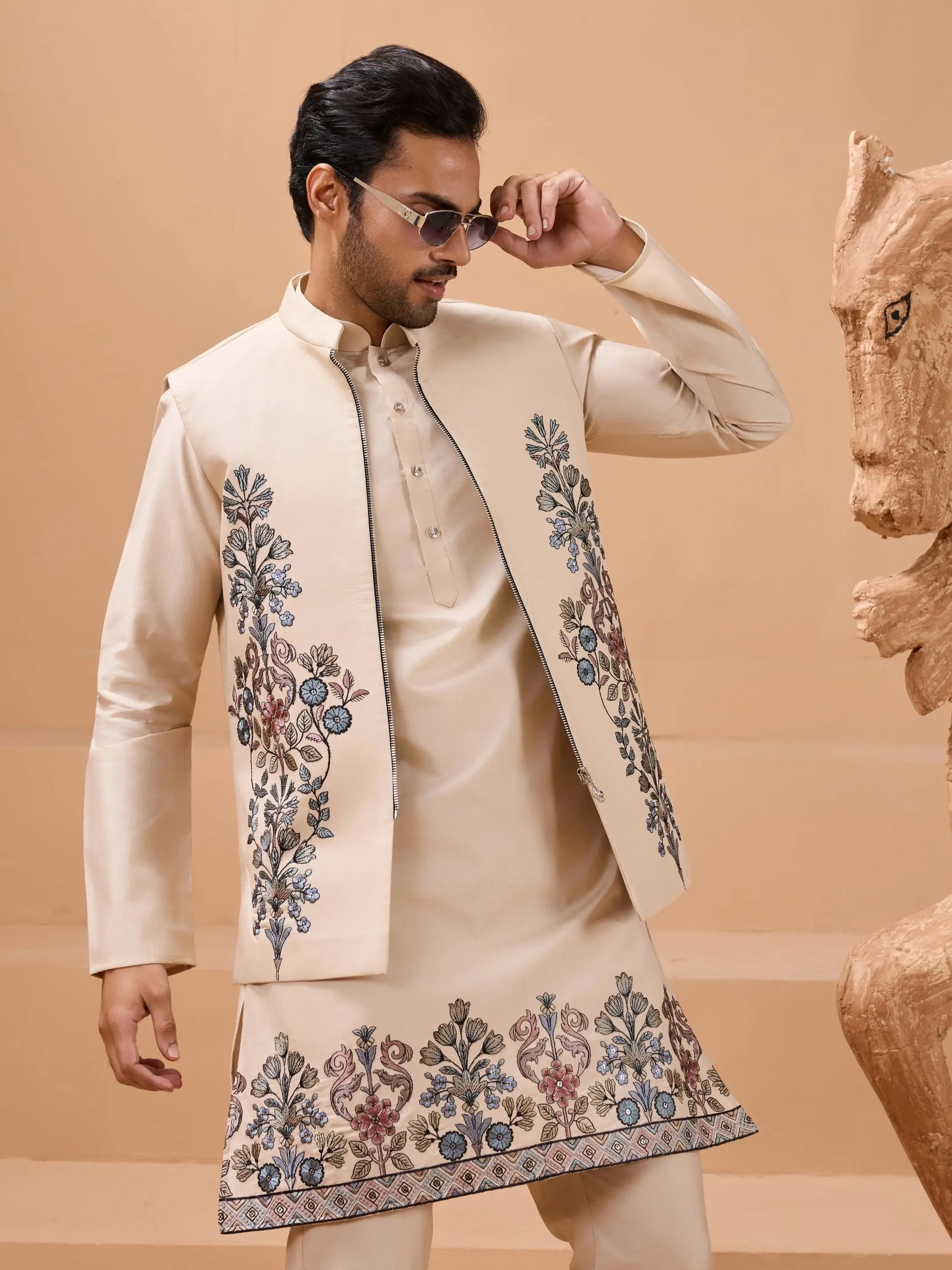 Wonderful Beige Thread Embroidery Viscose Silk Men Kurta Pant With Jacket