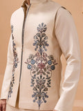 Wonderful Beige Thread Embroidery Viscose Silk Men Kurta Pant With Jacket