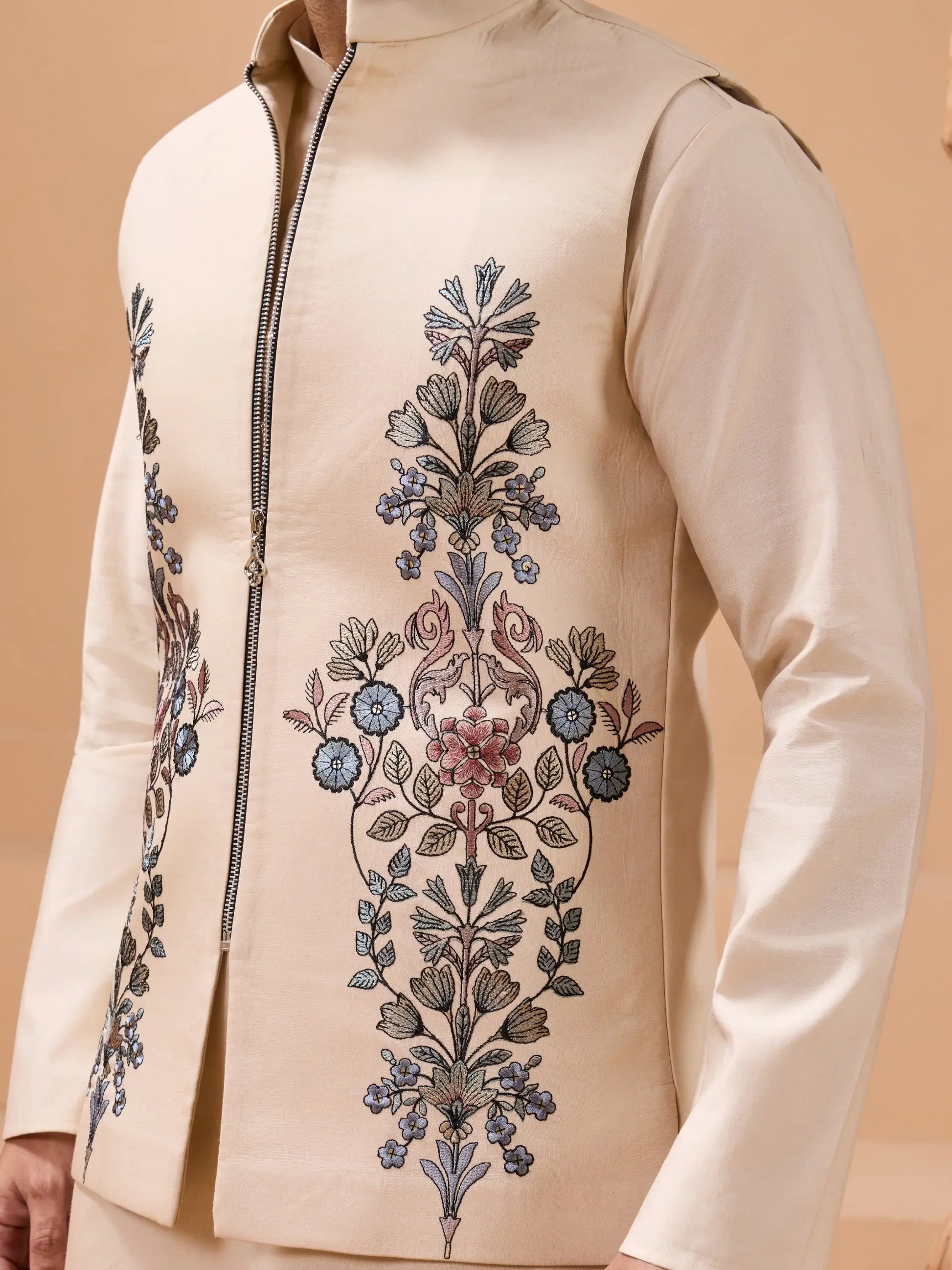 Wonderful Beige Thread Embroidery Viscose Silk Men Kurta Pant With Jacket