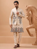 Wonderful Beige Thread Embroidery Viscose Silk Men Kurta Pant With Jacket
