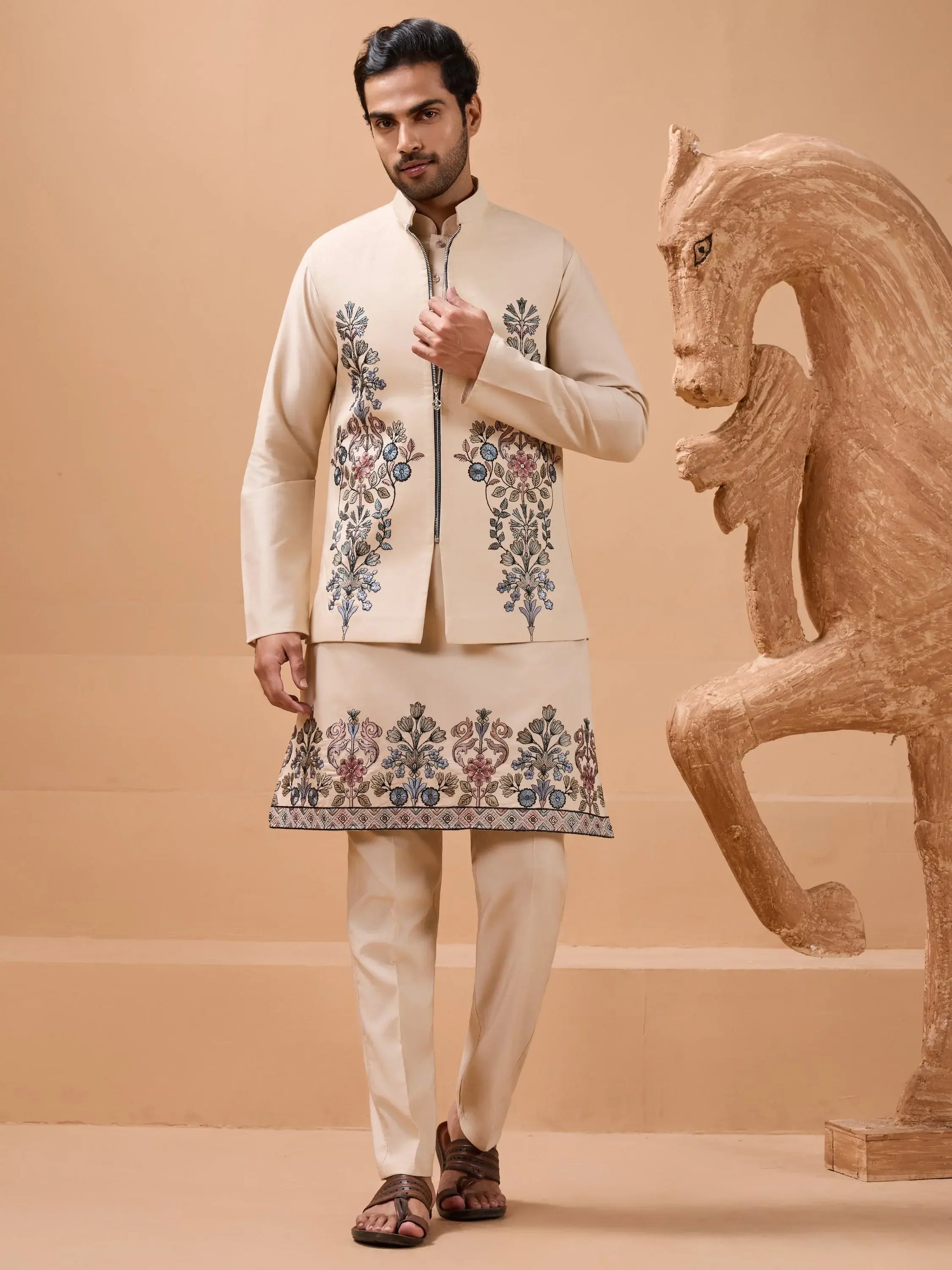 Wonderful Beige Thread Embroidery Viscose Silk Men Kurta Pant With Jacket