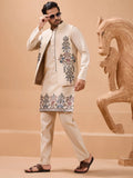 Wonderful Beige Thread Embroidery Viscose Silk Men Kurta Pant With Jacket
