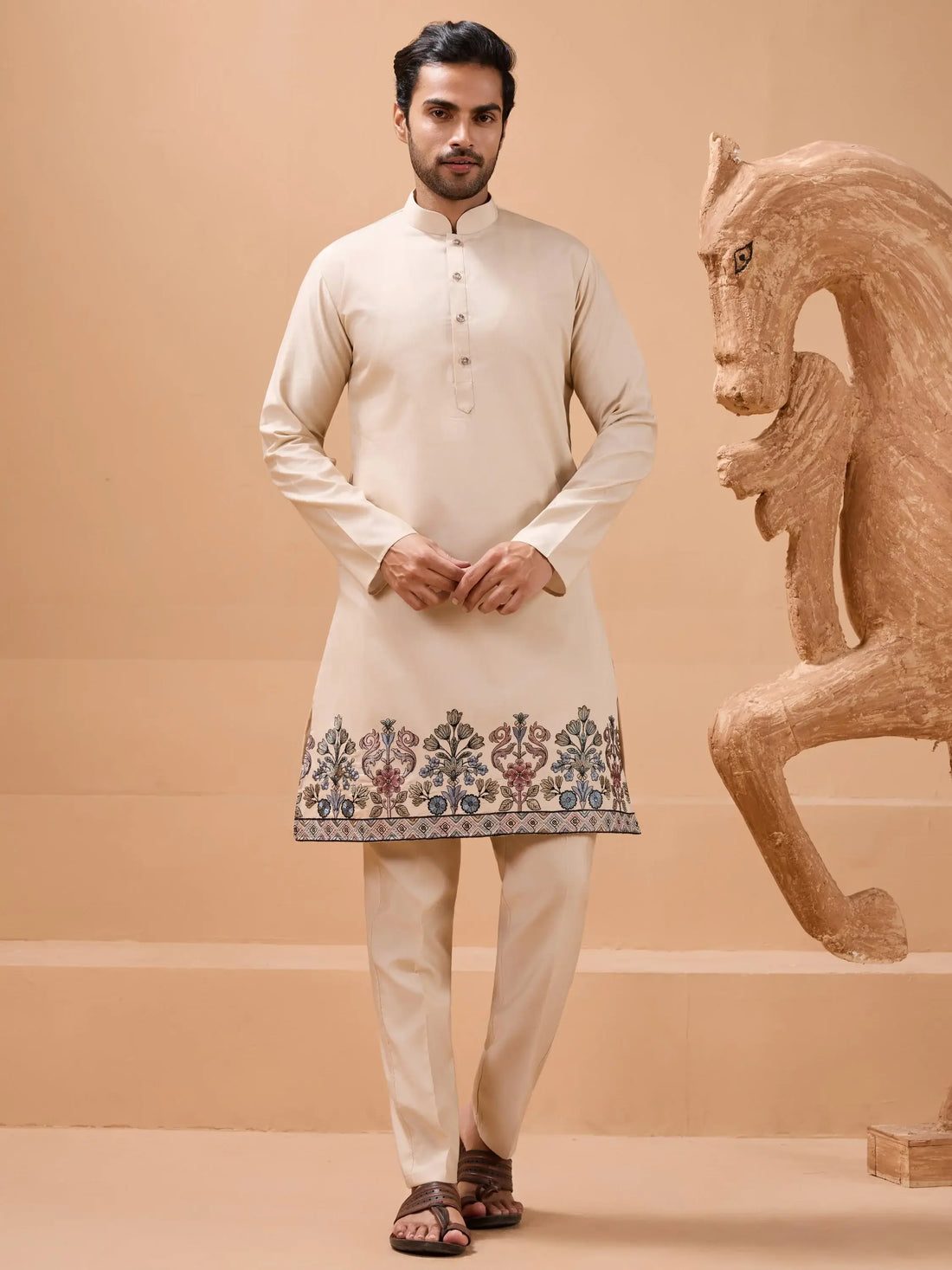 Wonderful Beige Thread Embroidery Viscose Silk Men Kurta Pant With Jacket