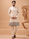 Wonderful Beige Thread Embroidery Viscose Silk Men Kurta Pant With Jacket