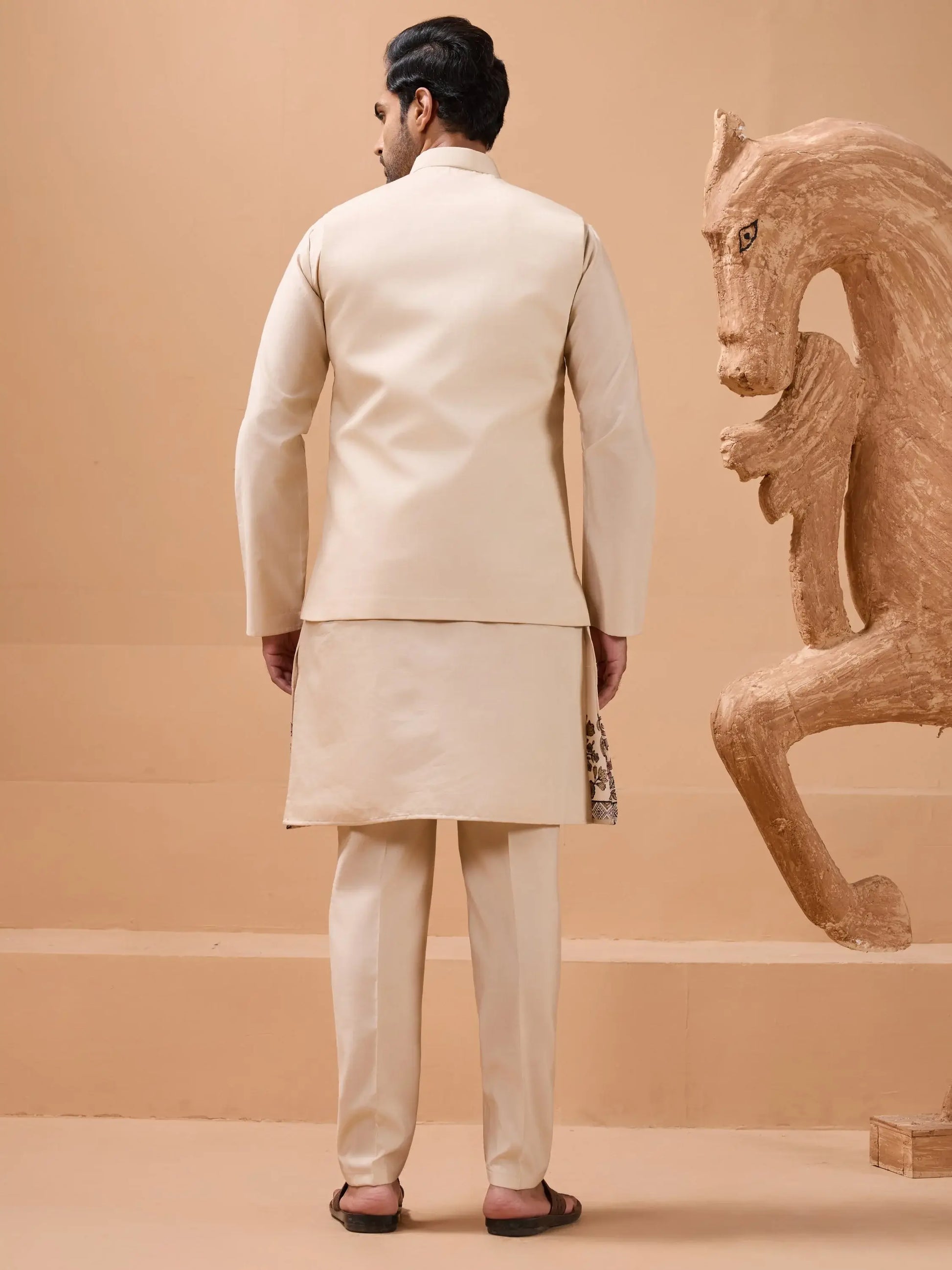 Wonderful Beige Thread Embroidery Viscose Silk Men Kurta Pant With Jacket