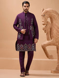 Gorgeous Purple Thread Work Viscose Silk Men Engagement Wear Kurta Pant With Jacket