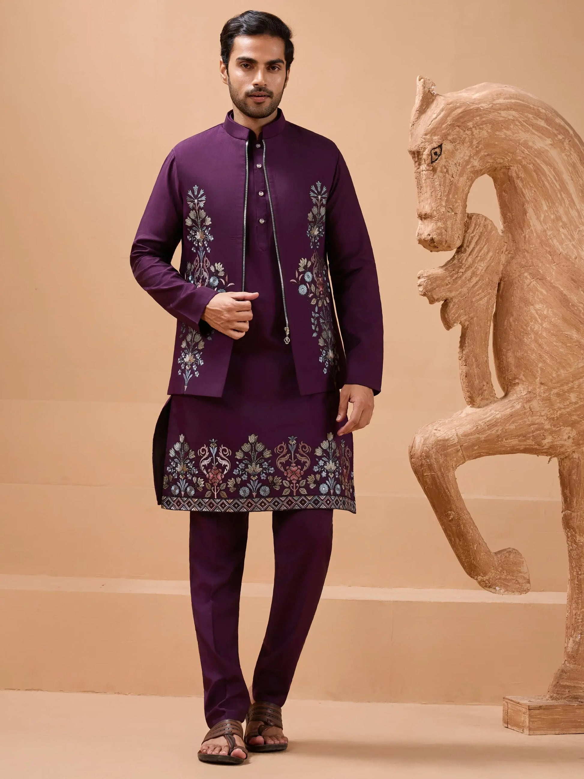 Gorgeous Purple Thread Work Viscose Silk Men Engagement Wear Kurta Pant With Jacket