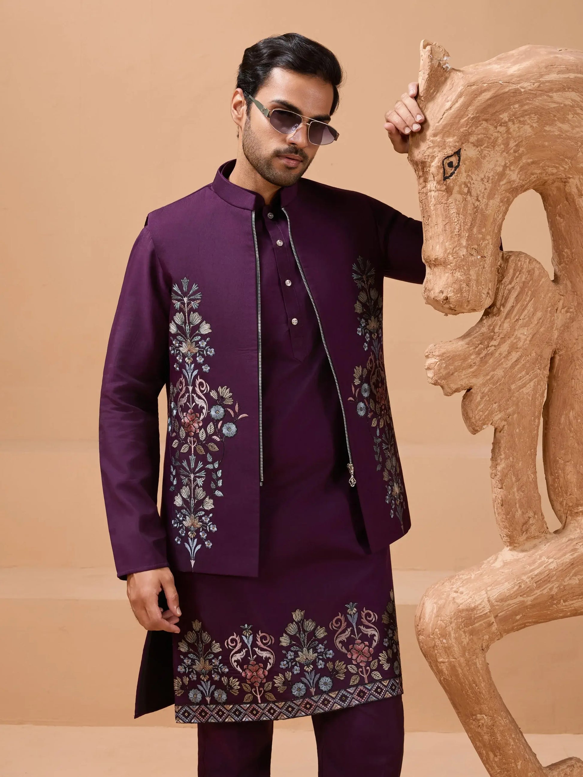 Gorgeous Purple Thread Work Viscose Silk Men Engagement Wear Kurta Pant With Jacket
