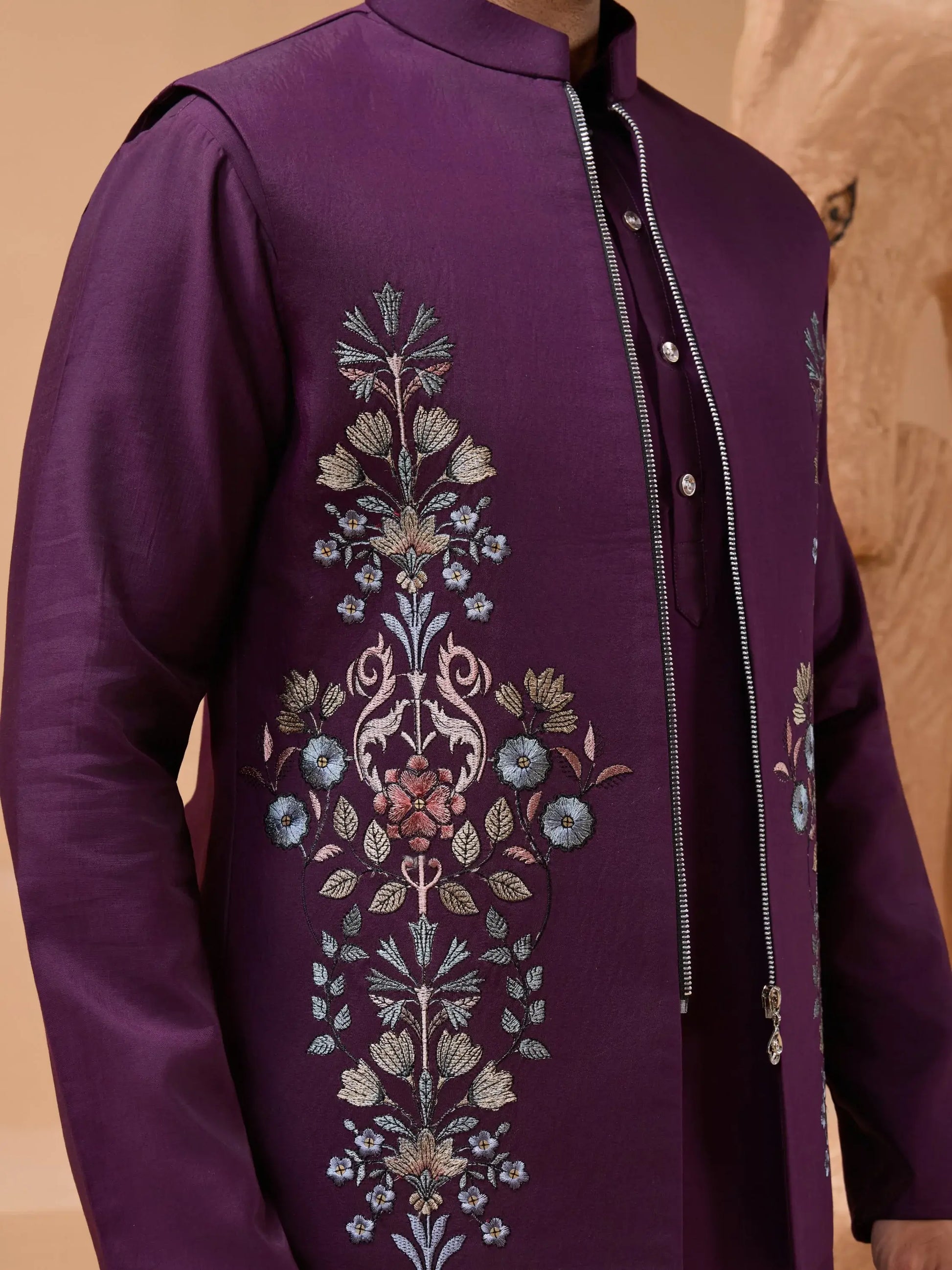 Gorgeous Purple Thread Work Viscose Silk Men Engagement Wear Kurta Pant With Jacket