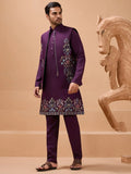 Gorgeous Purple Thread Work Viscose Silk Men Engagement Wear Kurta Pant With Jacket