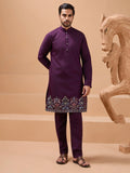 Gorgeous Purple Thread Work Viscose Silk Men Engagement Wear Kurta Pant With Jacket
