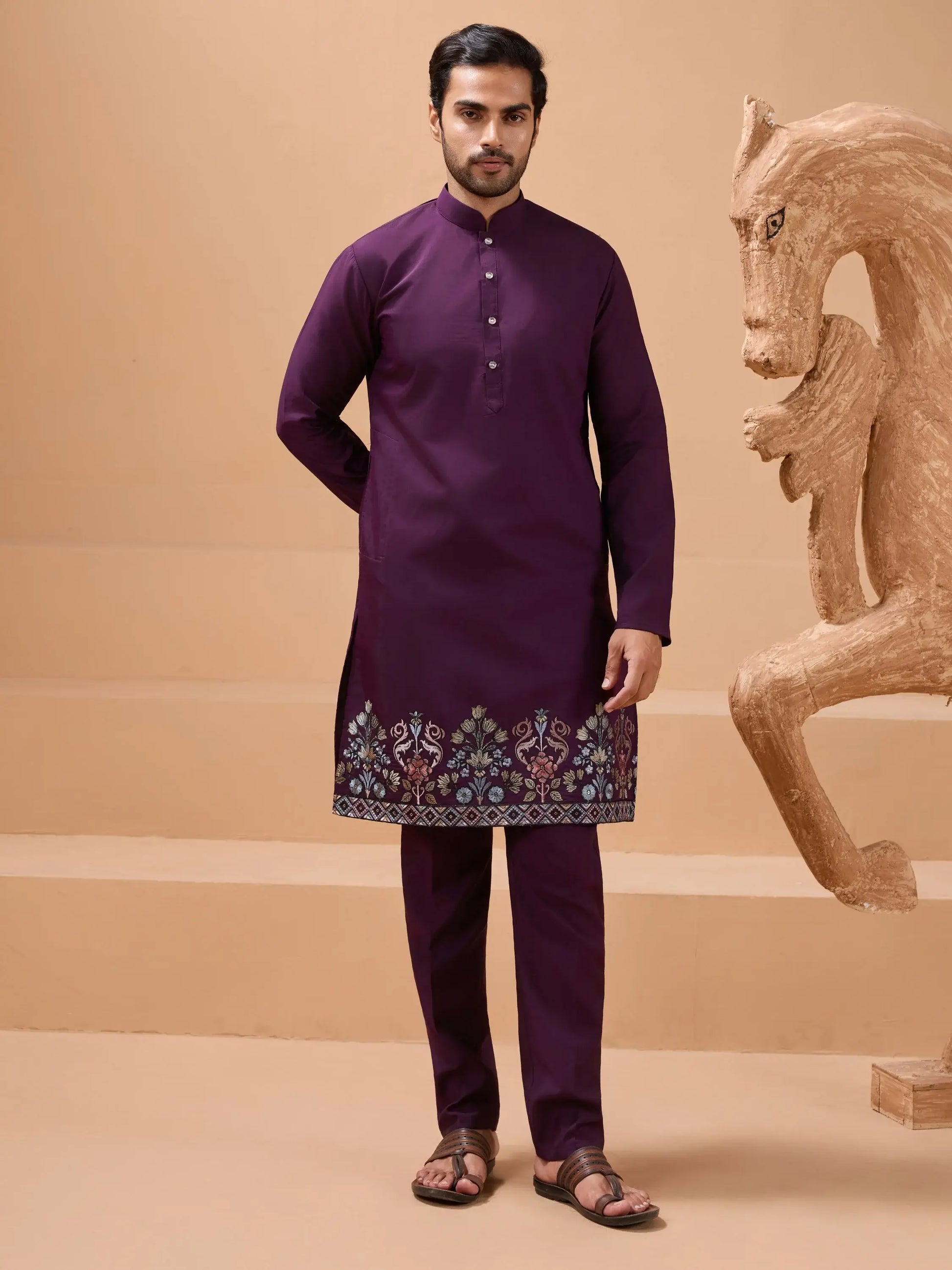Gorgeous Purple Thread Work Viscose Silk Men Engagement Wear Kurta Pant With Jacket