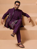 Gorgeous Purple Thread Work Viscose Silk Men Engagement Wear Kurta Pant With Jacket