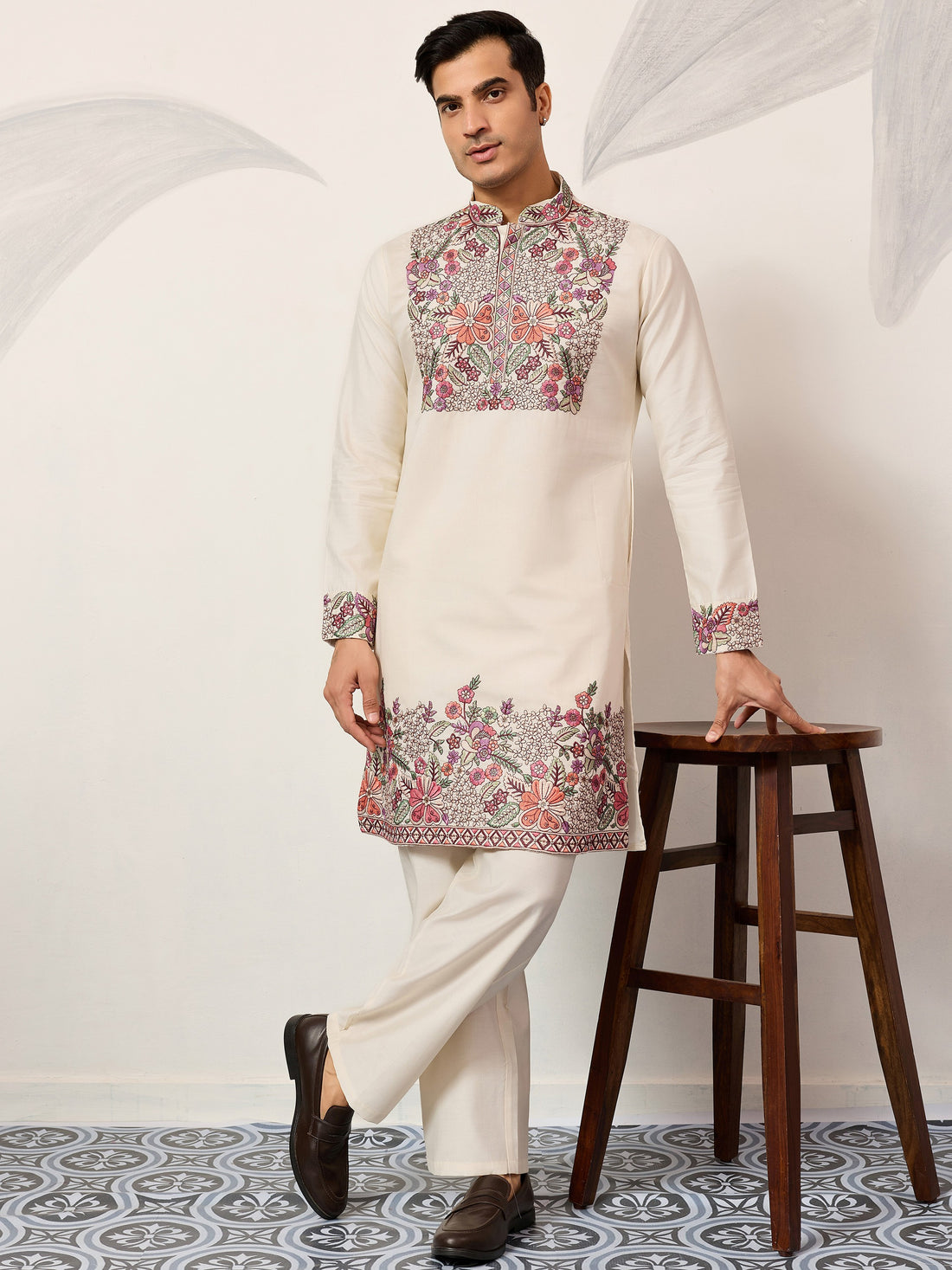 Amazing Off-White Multi Thread Work Viscose Silk Festive Wear Men's Kurta Set