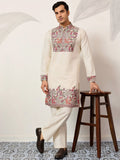 Amazing Off-White Multi Thread Work Viscose Silk Festive Wear Men's Kurta Set