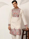 Amazing Off-White Multi Thread Work Viscose Silk Festive Wear Men's Kurta Set