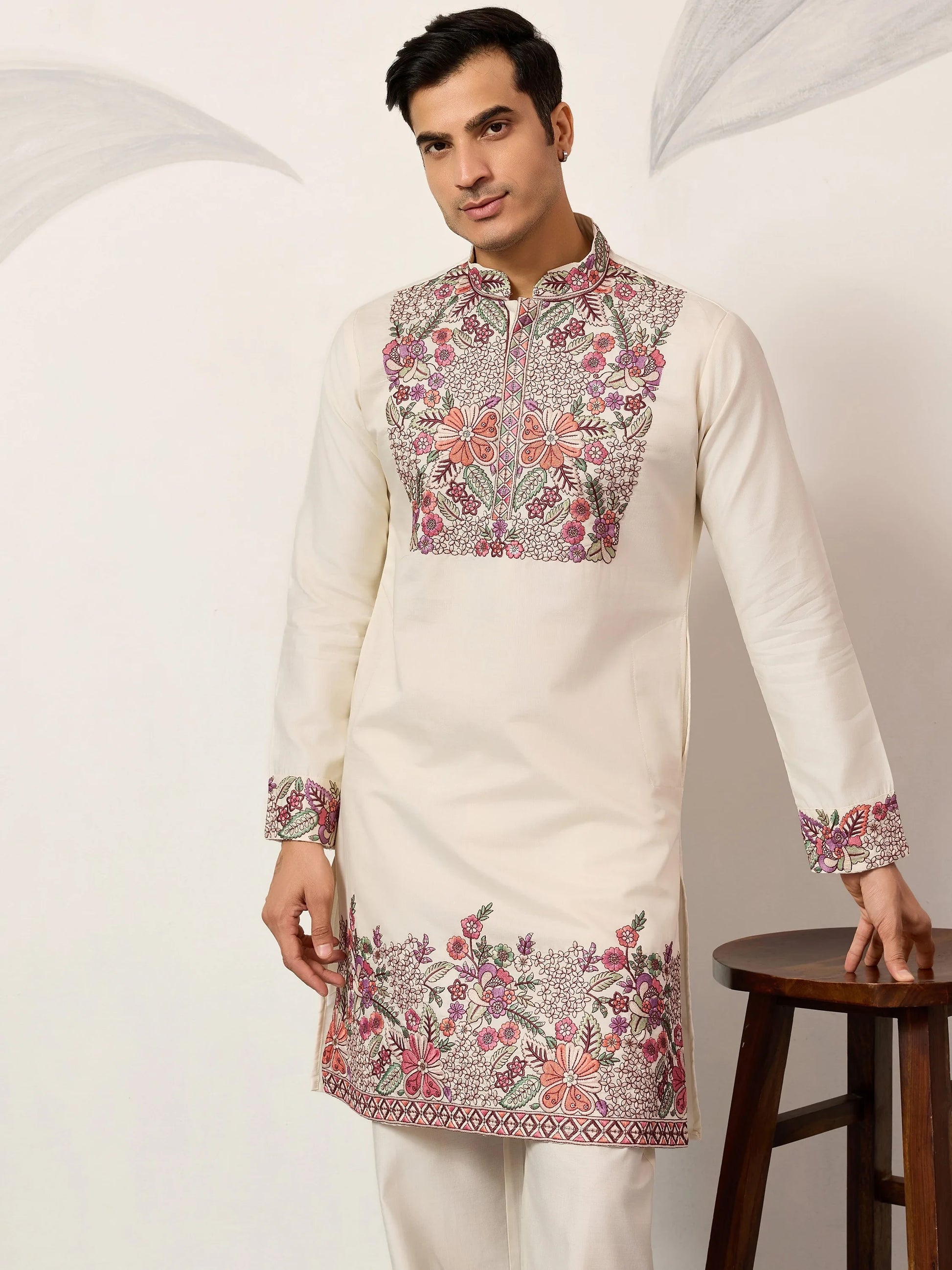 Amazing Off-White Multi Thread Work Viscose Silk Festive Wear Men's Kurta Set