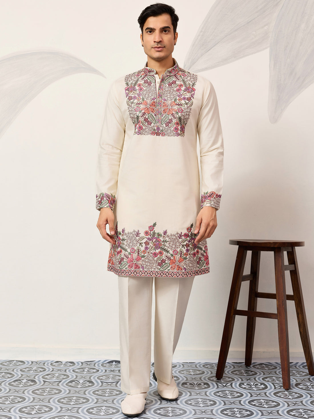 Amazing Off-White Multi Thread Work Viscose Silk Festive Wear Men's Kurta Set