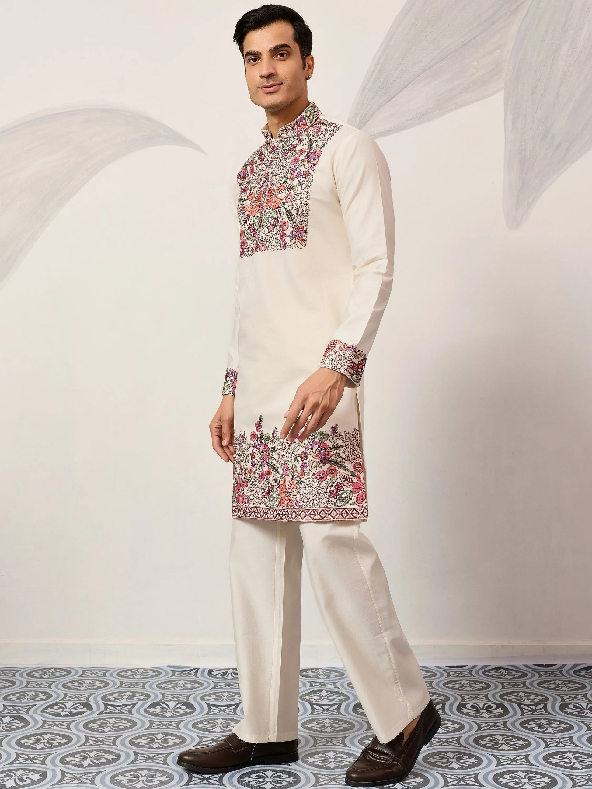 Amazing Off-White Multi Thread Work Viscose Silk Festive Wear Men's Kurta Set