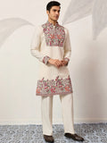 Amazing Off-White Multi Thread Work Viscose Silk Festive Wear Men's Kurta Set