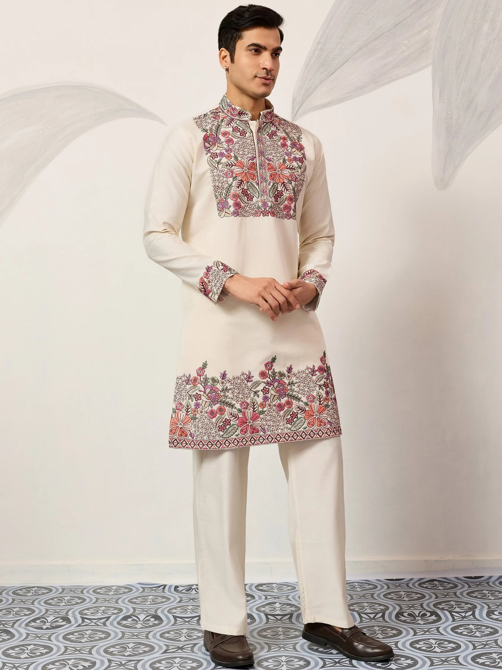 Amazing Off-White Multi Thread Work Viscose Silk Festive Wear Men's Kurta Set