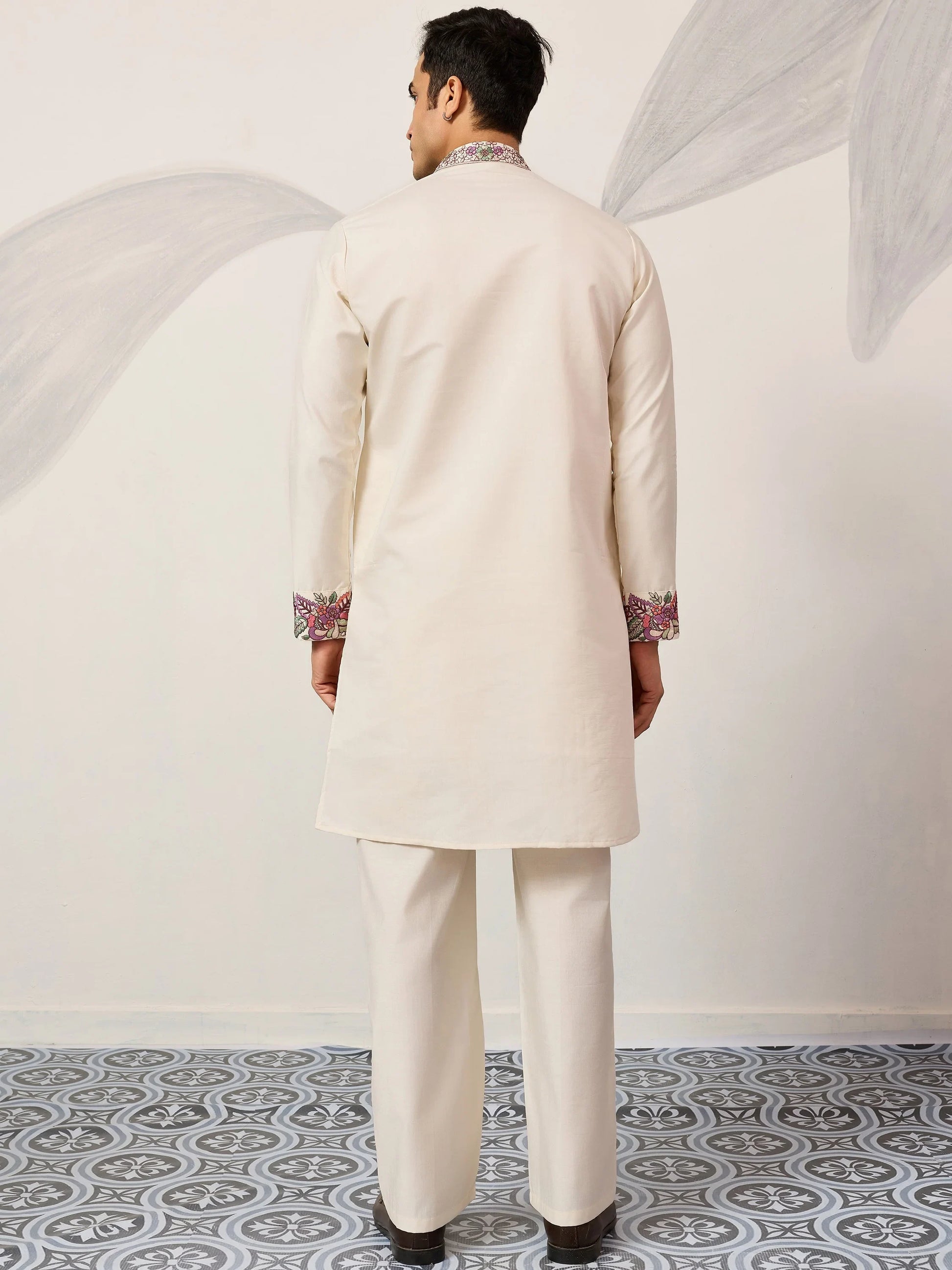 Amazing Off-White Multi Thread Work Viscose Silk Festive Wear Men's Kurta Set