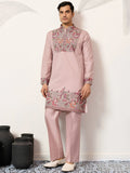 Terrific Dusty Pink Floral Embroidery Viscose Silk Wedding Wear Men's Kurta Set
