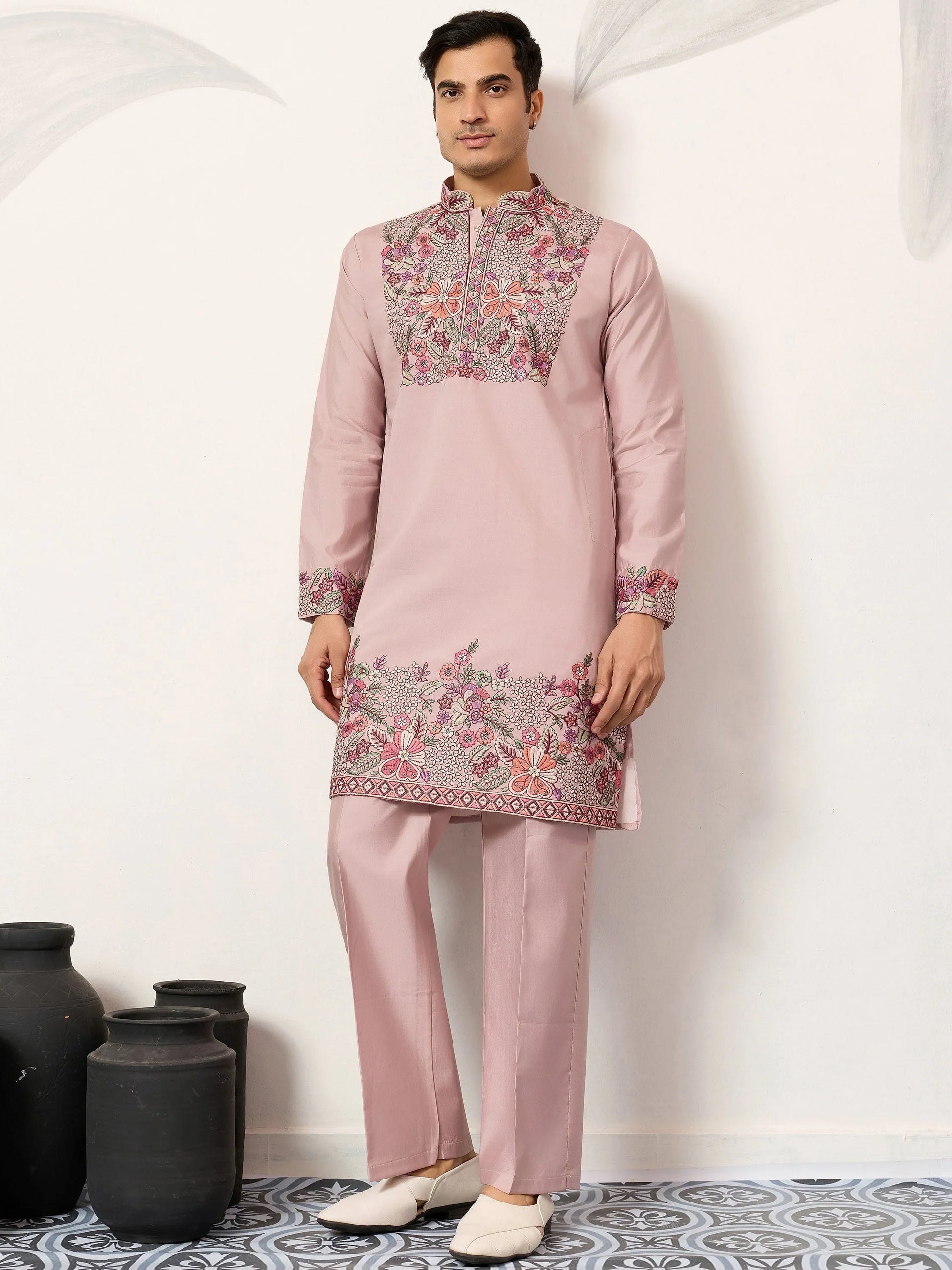 Terrific Dusty Pink Floral Embroidery Viscose Silk Wedding Wear Men's Kurta Set