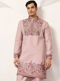 Terrific Dusty Pink Floral Embroidery Viscose Silk Wedding Wear Men's Kurta Set
