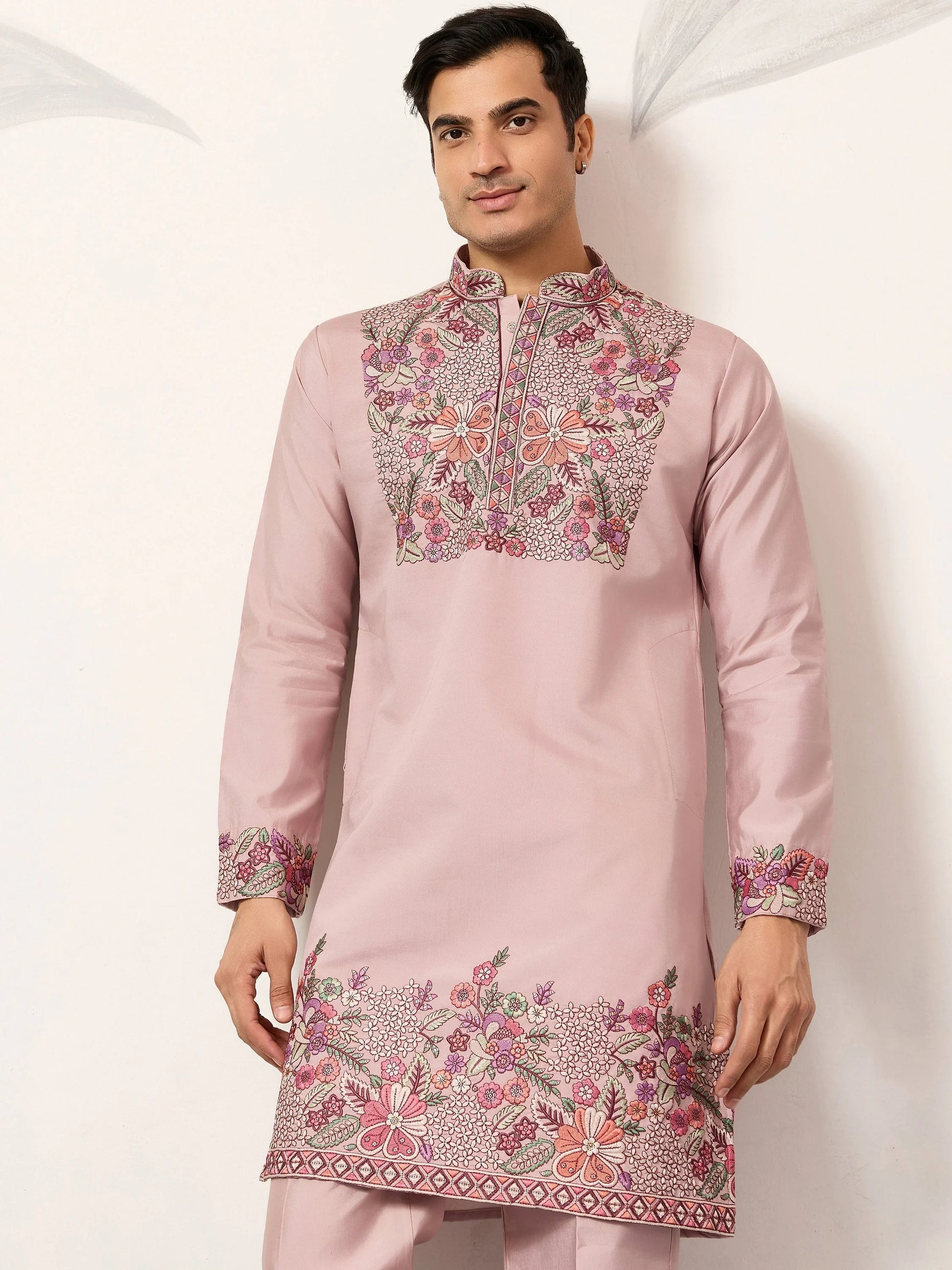 Terrific Dusty Pink Floral Embroidery Viscose Silk Wedding Wear Men's Kurta Set