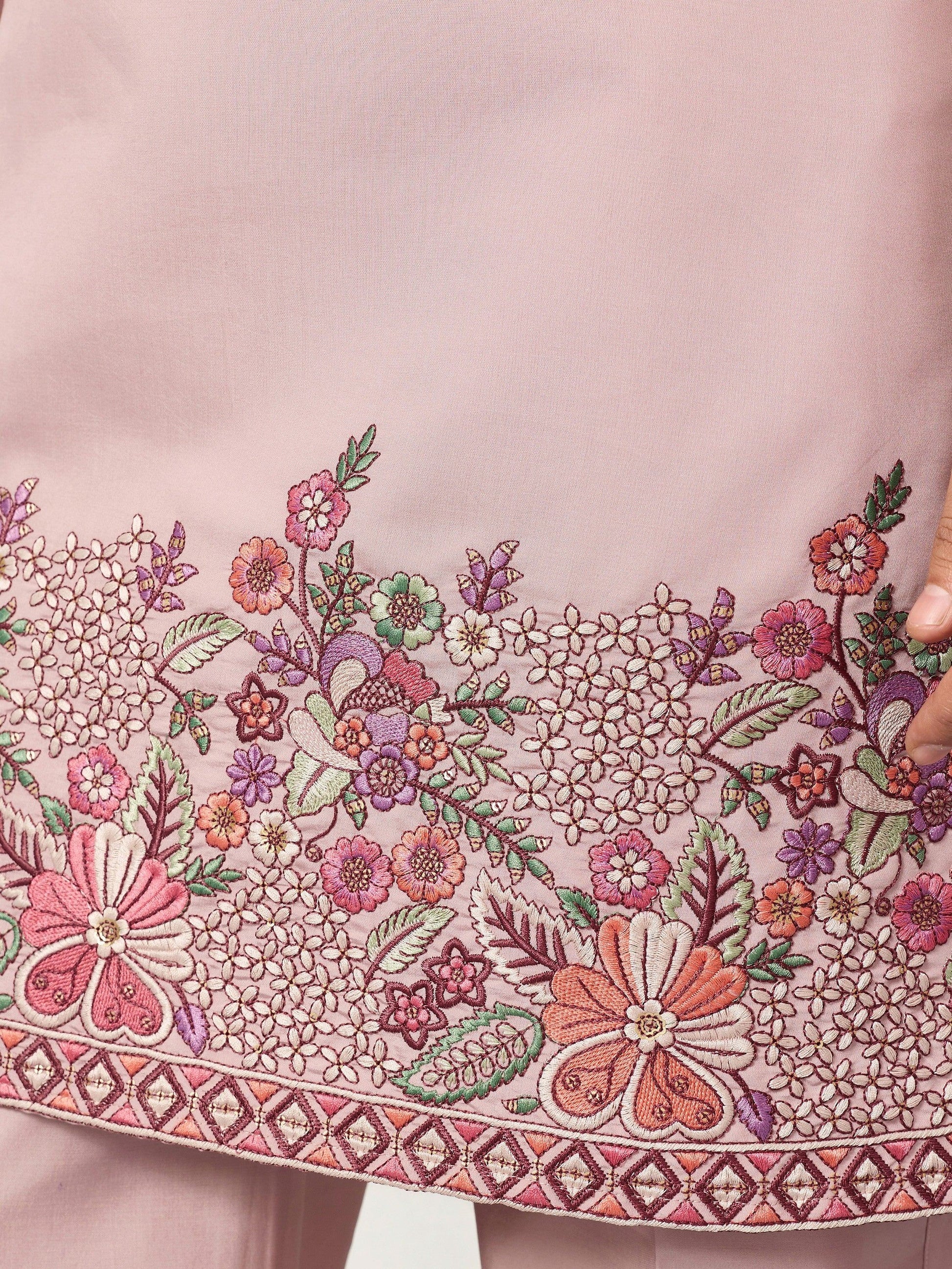 Terrific Dusty Pink Floral Embroidery Viscose Silk Wedding Wear Men's Kurta Set