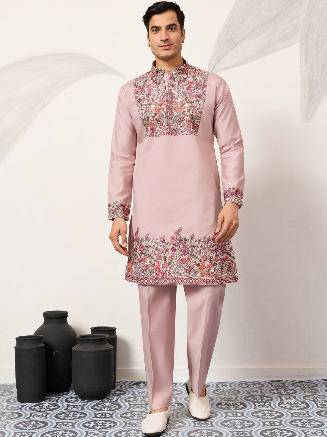 Terrific Dusty Pink Floral Embroidery Viscose Silk Wedding Wear Men's Kurta Set