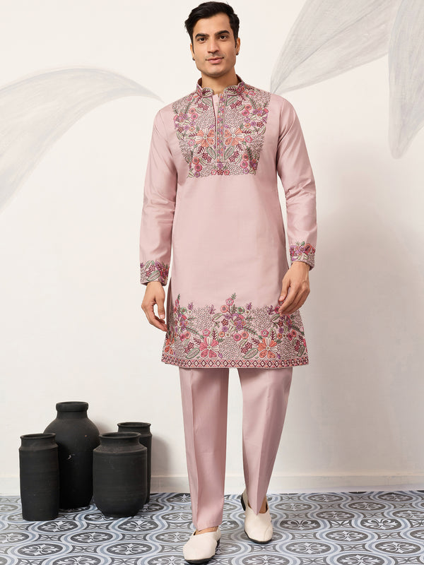 Terrific Dusty Pink Floral Embroidery Viscose Silk Wedding Wear Men's Kurta Set