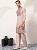 Terrific Dusty Pink Floral Embroidery Viscose Silk Wedding Wear Men's Kurta Set