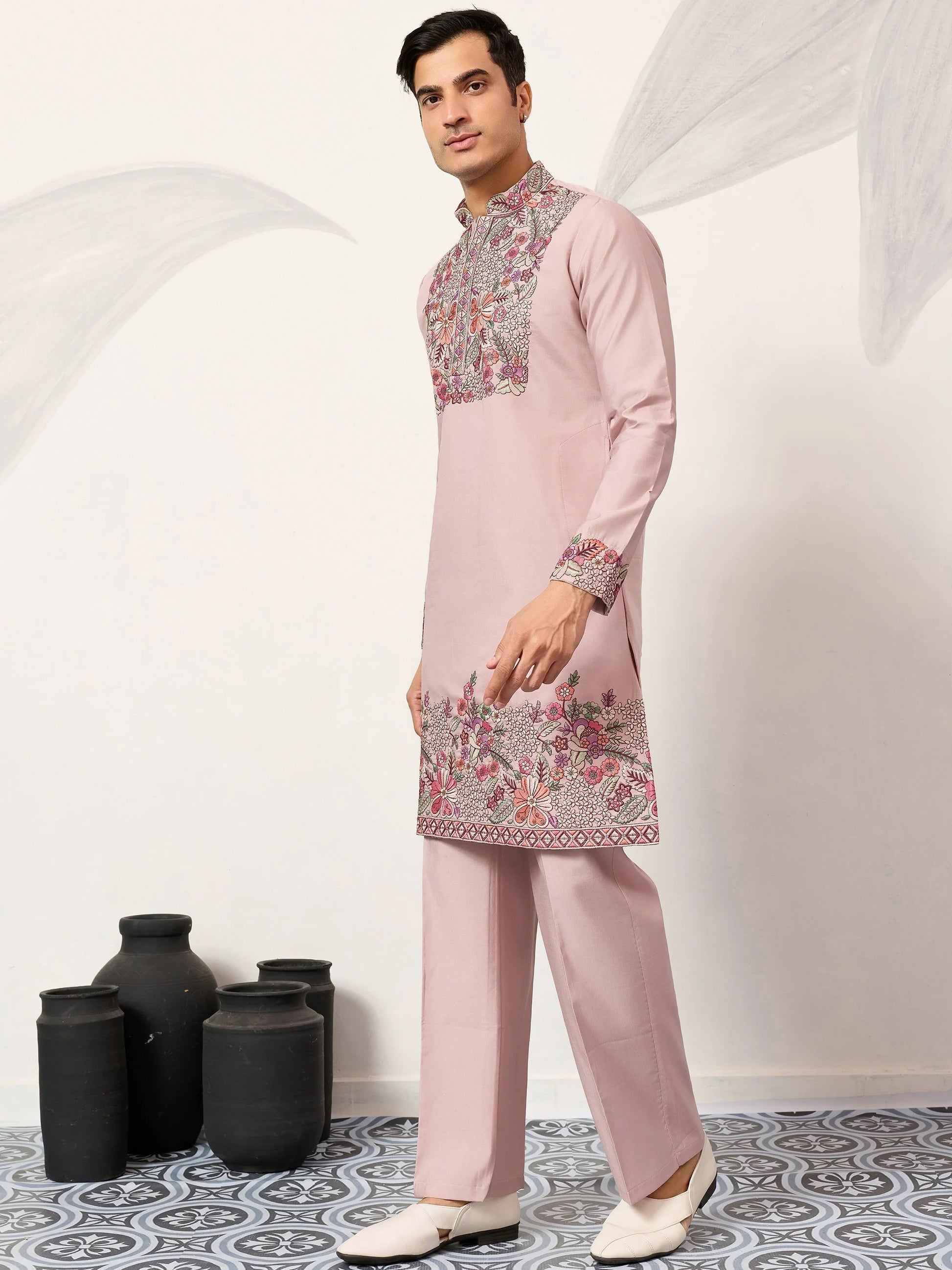 Terrific Dusty Pink Floral Embroidery Viscose Silk Wedding Wear Men's Kurta Set
