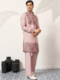 Terrific Dusty Pink Floral Embroidery Viscose Silk Wedding Wear Men's Kurta Set