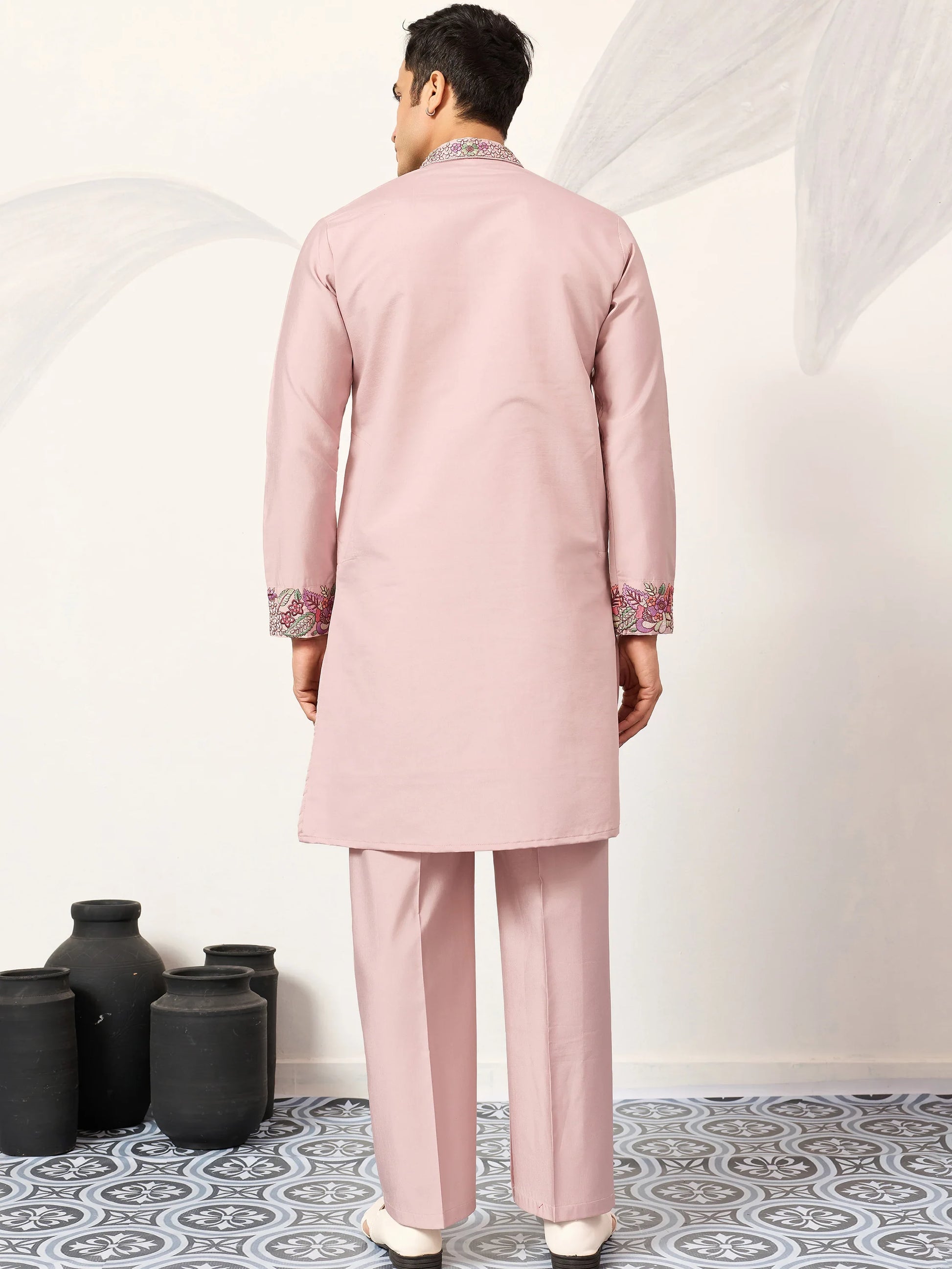 Terrific Dusty Pink Floral Embroidery Viscose Silk Wedding Wear Men's Kurta Set
